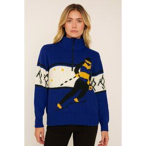 Vintage 70s Obermeyer Womens Ski Sweater M Blue Wool Blend Half-Zip Nordic Style